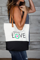 Khaki and black tote bag with "give love" printed