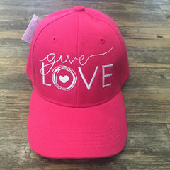 Pink cap with "give love" embroidered on the front