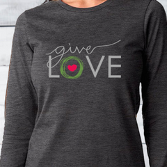 Dark gray woman's long sleeve t-shirt with "Give Love" printed on front