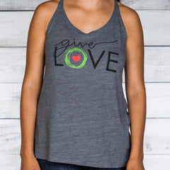 Woman's gray tank top with "give love" printed on front