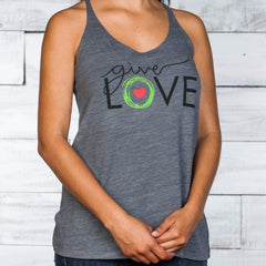 Woman's gray tank top with "give love" printed on front