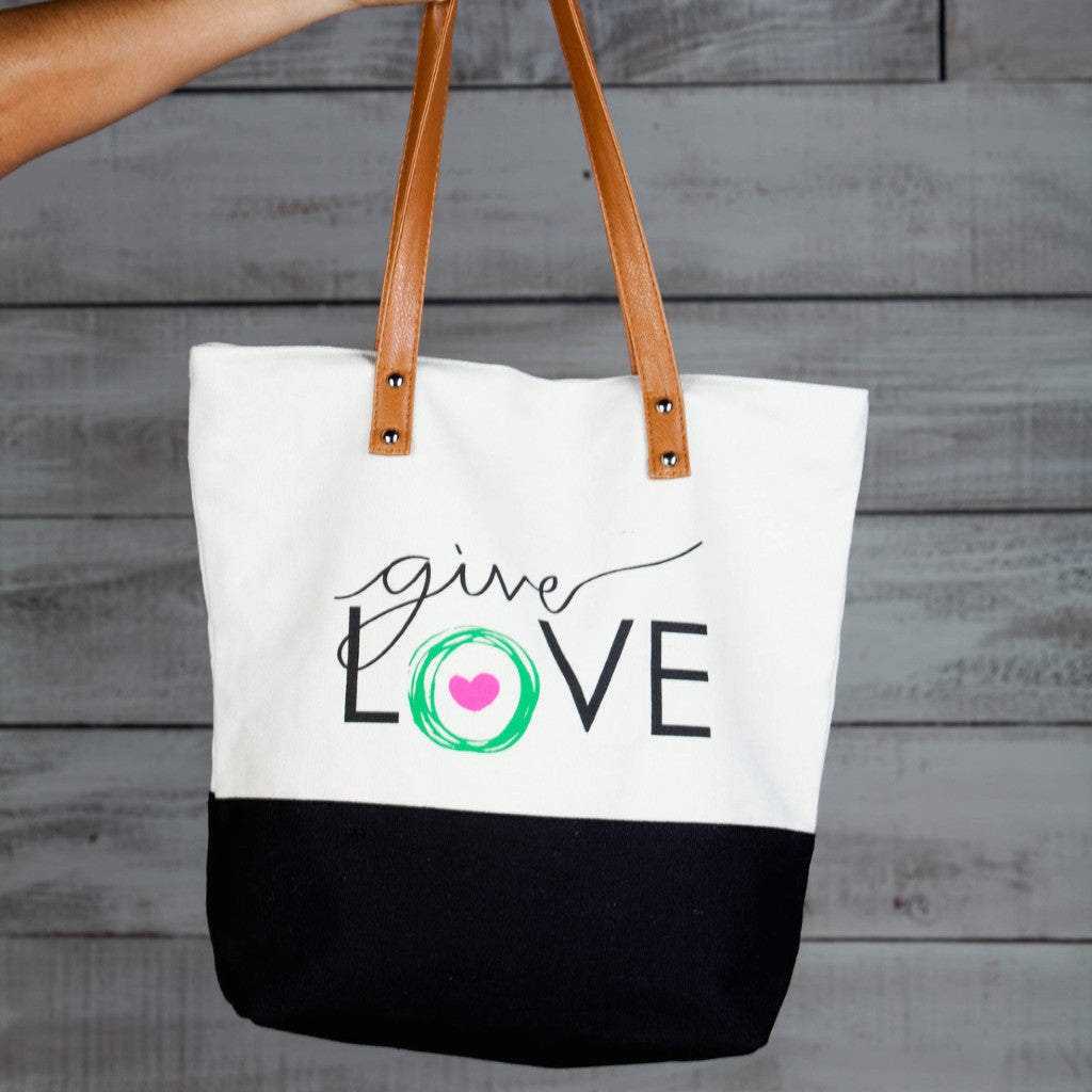 Khaki and black tote bag with "give love" printed