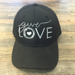 Black cap with "give love" embroidered on the front in white