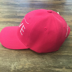 Side of pink 6 panel cap