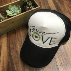 Black and white trucker cap with "Give Love" logo