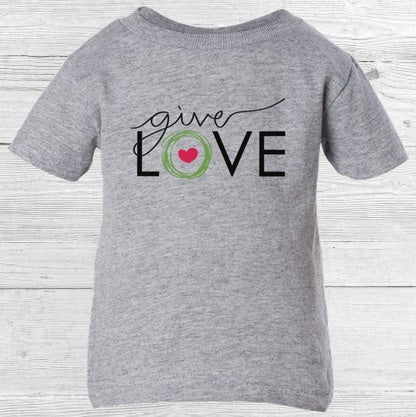 Gray baby t-shirt with "give love" printed on the front