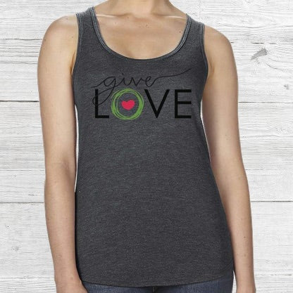 Dark gray woman's tank top with "Give Love" printed on front